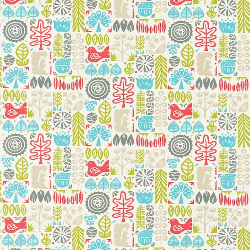 Woodland Chalk Leaf Aqua Abd Pimento Fabric by Scion