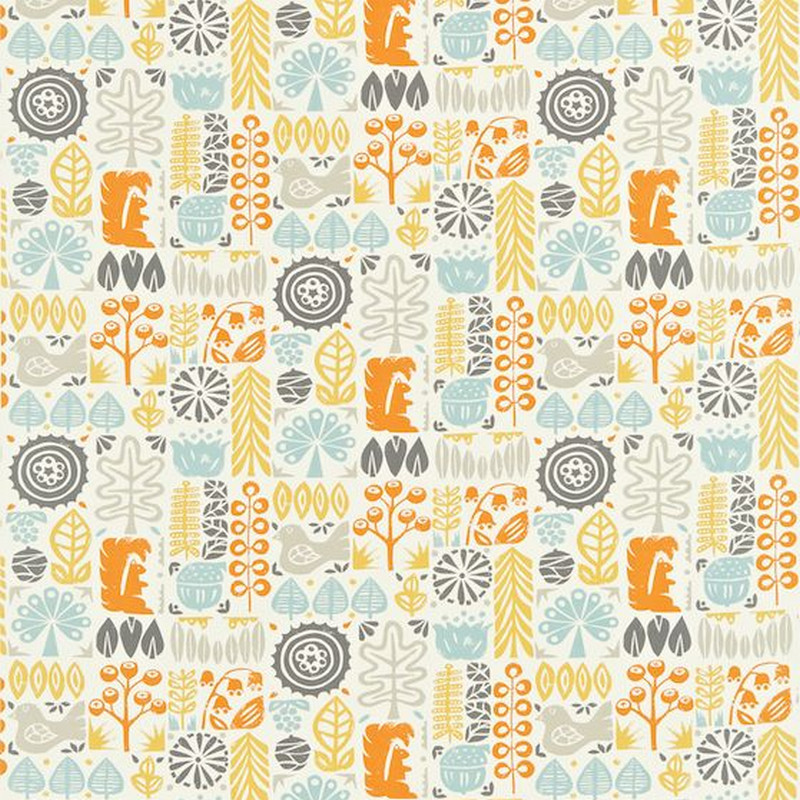 Woodland Chalk Powder Blue Tangerine And Lemon Fabric by Scion