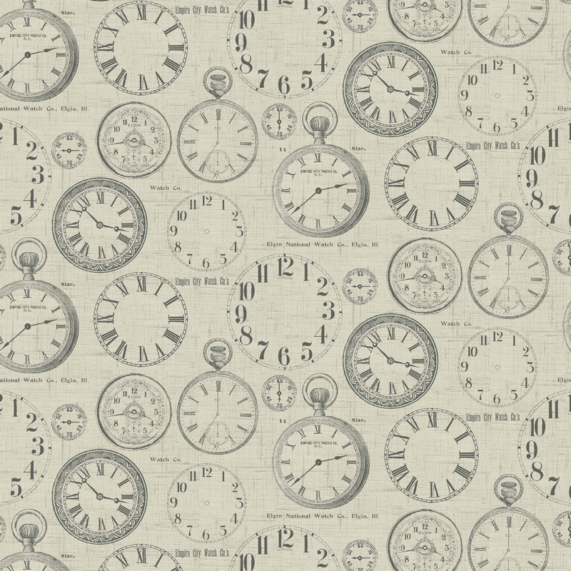 Vintage Clocks Charcoal Fabric by Fryetts
