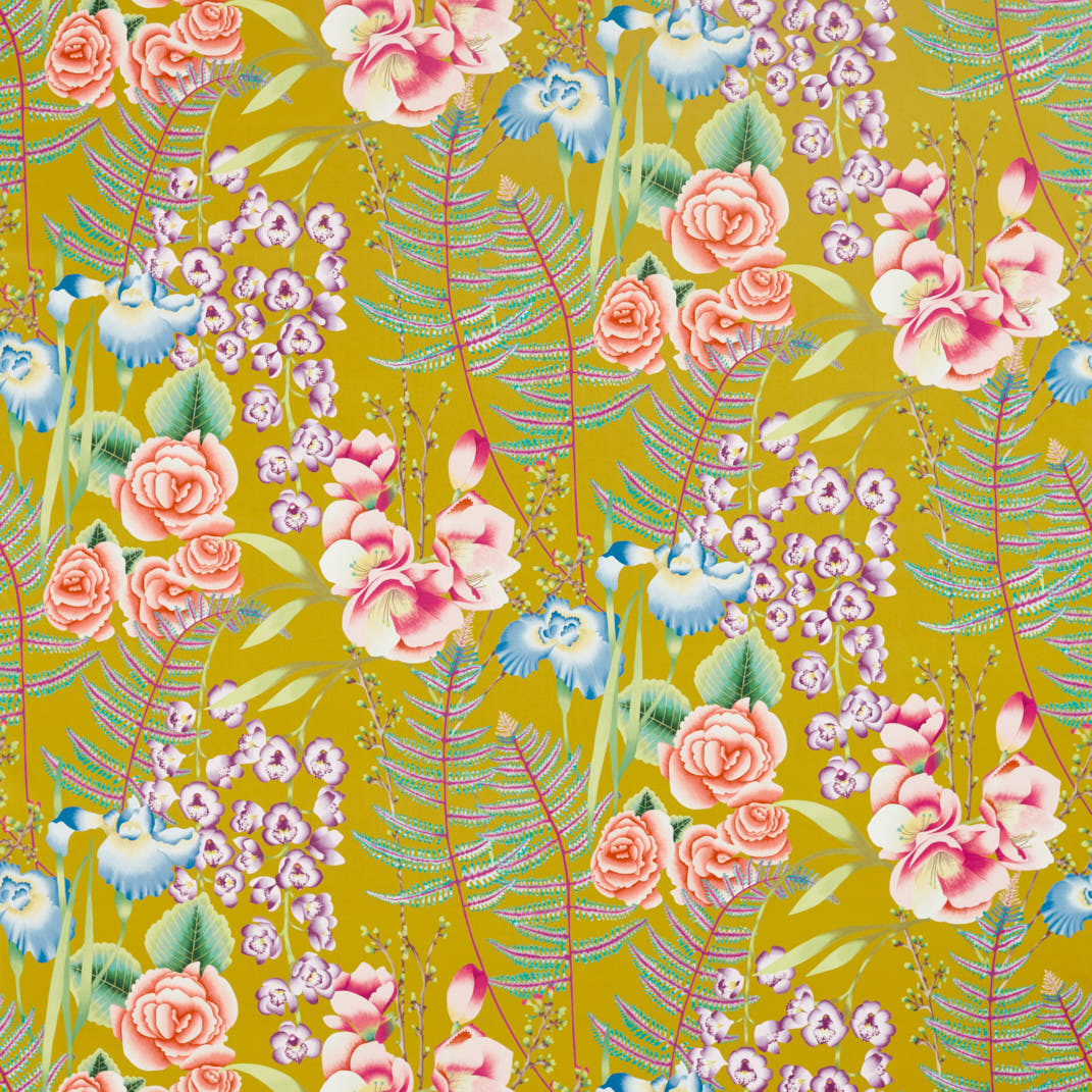 Amaryllis Coral/Lagoon/Ochre Fabric by Harlequin