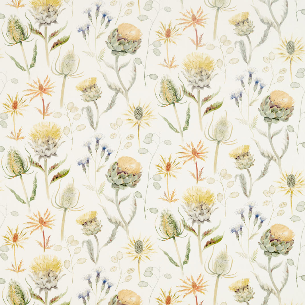 Thistle Garden Ochre/Olive Fabric by Sanderson