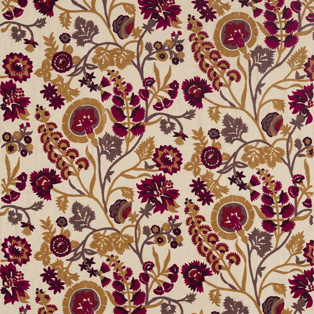 Hardwick Crewel Antique Gold/Cinnabar Fabric by Zoffany