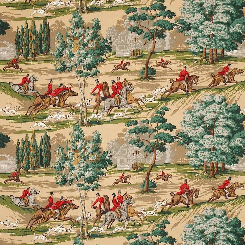 The Hunting Scene Sand/Green Fabric by Sanderson