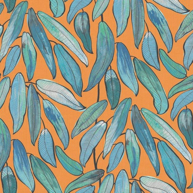 Tropical Leaf Tangerine Fabric by Edinburgh Weavers