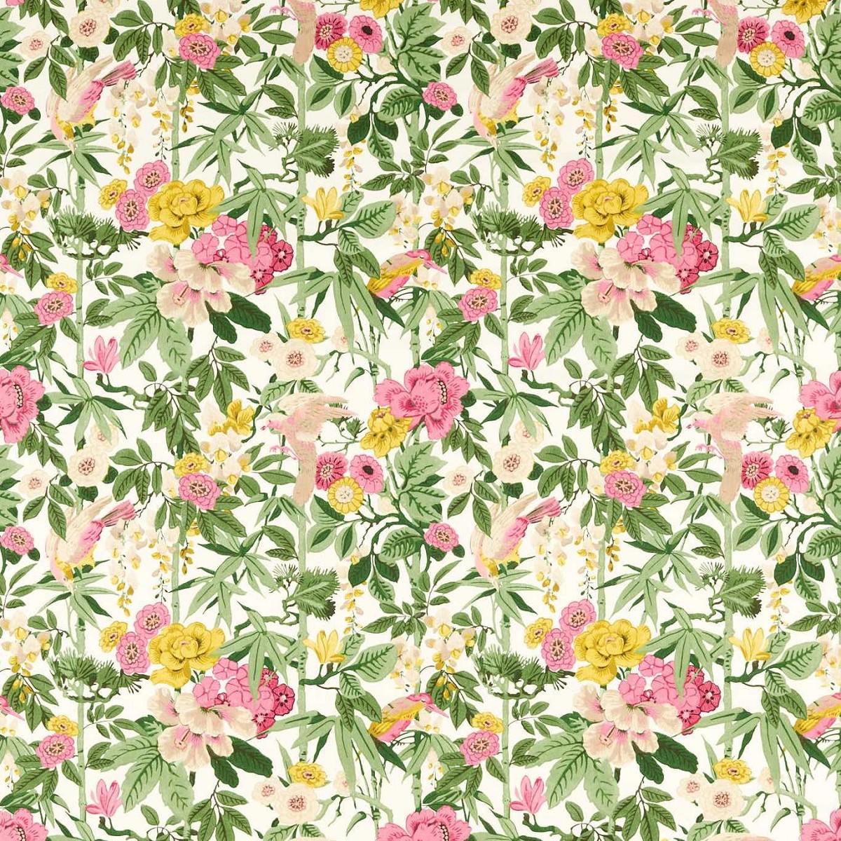 Bamboo & Bird Scallion Green/Fushia Fabric by Sanderson