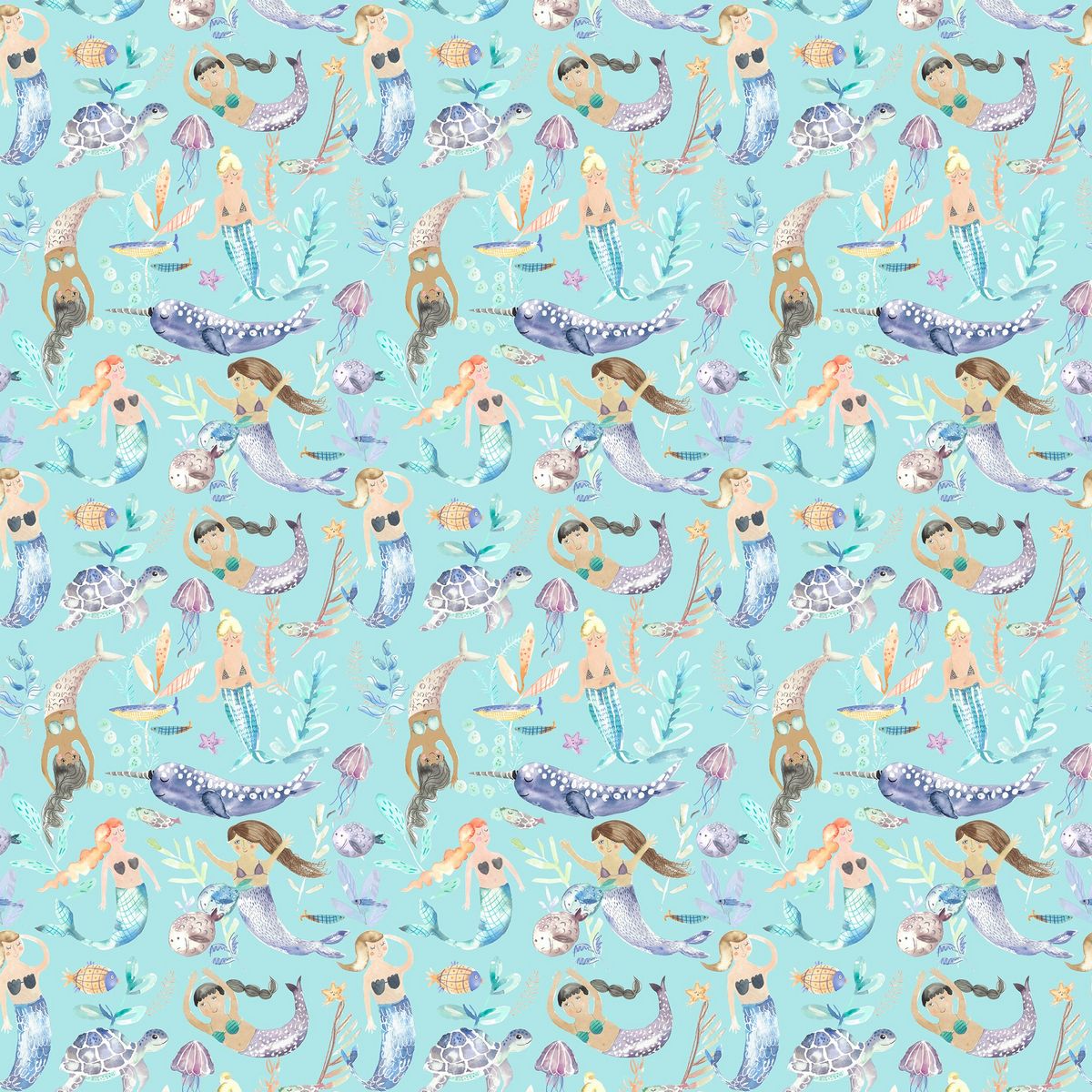 Mermaid Party Aqua Fabric by Voyage Maison