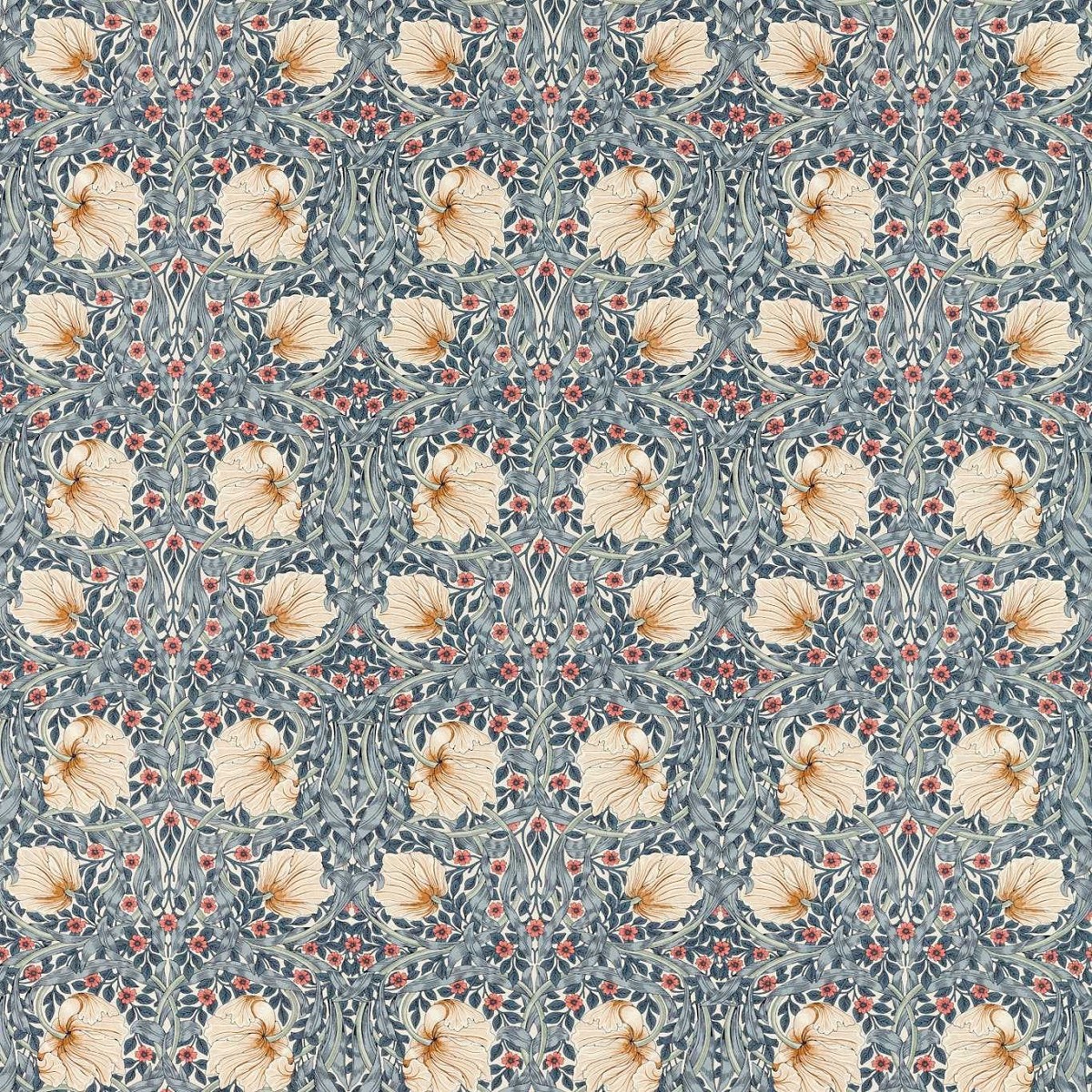 Pimpernel Woad/Coral Fabric by William Morris & Co.