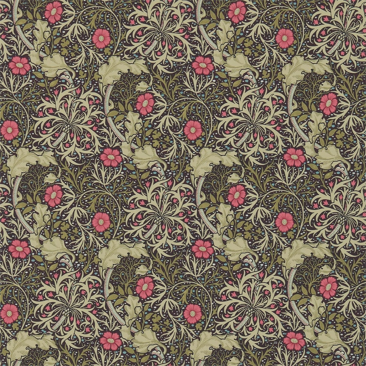 Morris Seaweed Ebony/Poppy Fabric by William Morris & Co.