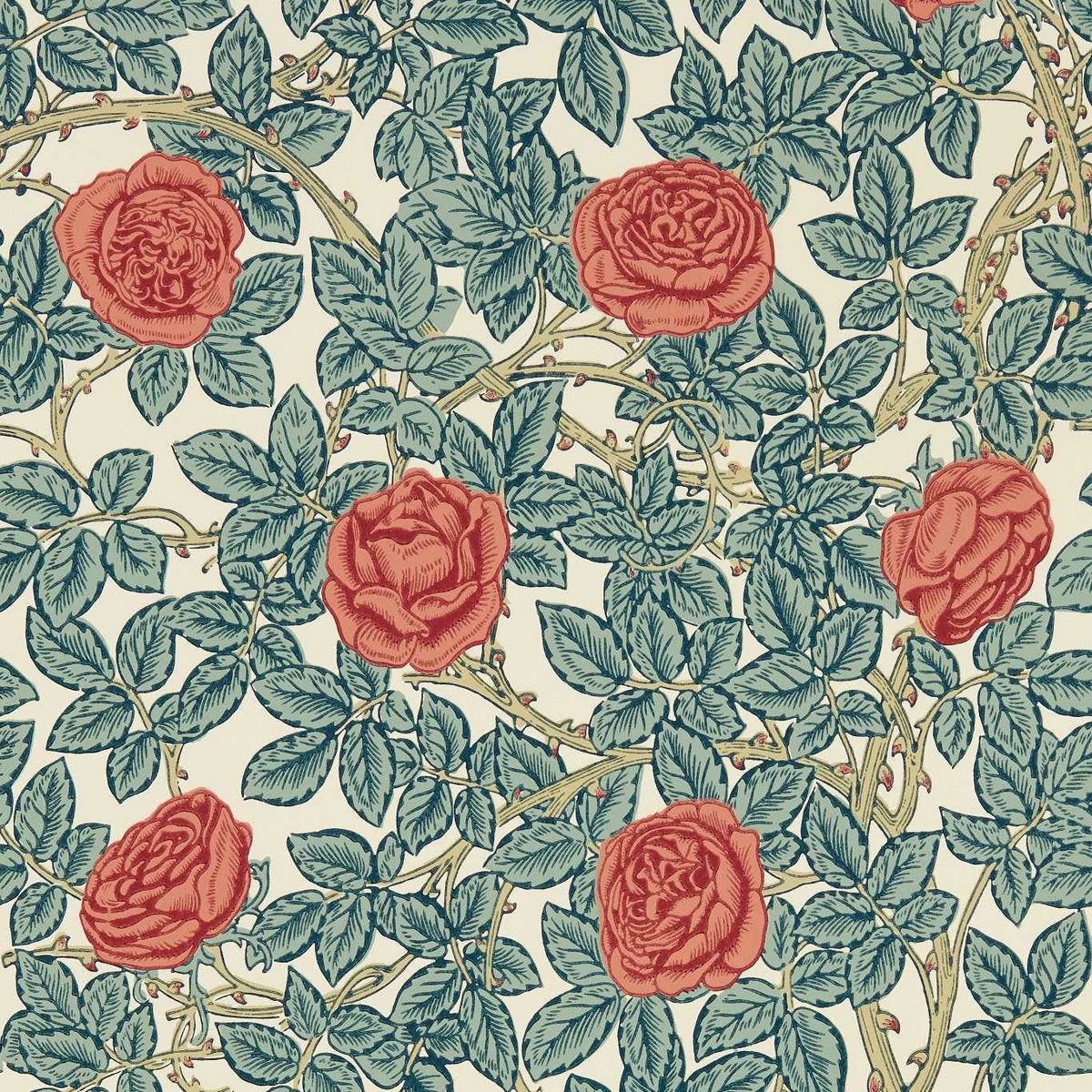 Rambling Rose Emery Blue/Madder Fabric by William Morris & Co.