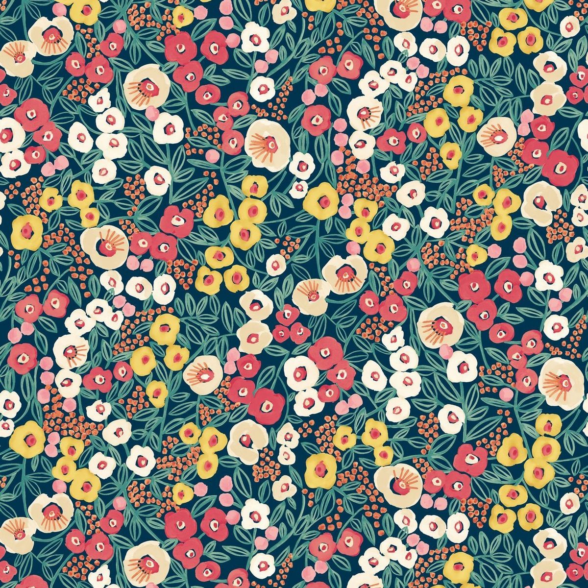 Flora Ditsy Indigo & Coral Fabric by Ohpopsi