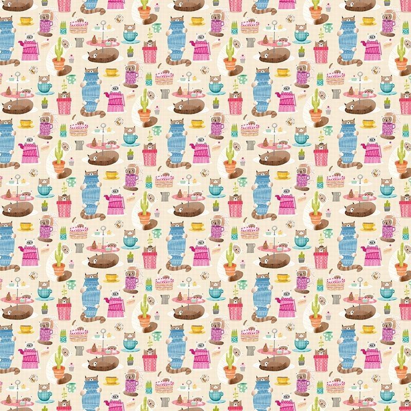 Kitten Kaboodle Marshmallow Fabric by Ohpopsi