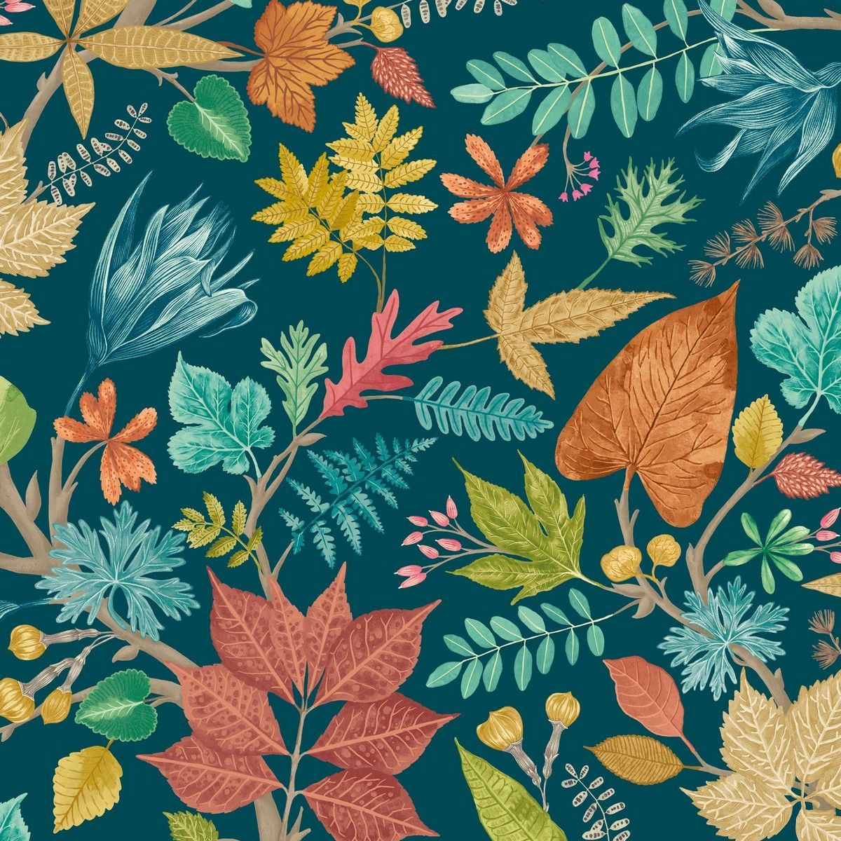 Lush Leaves Teal & Corn Fabric by Ohpopsi