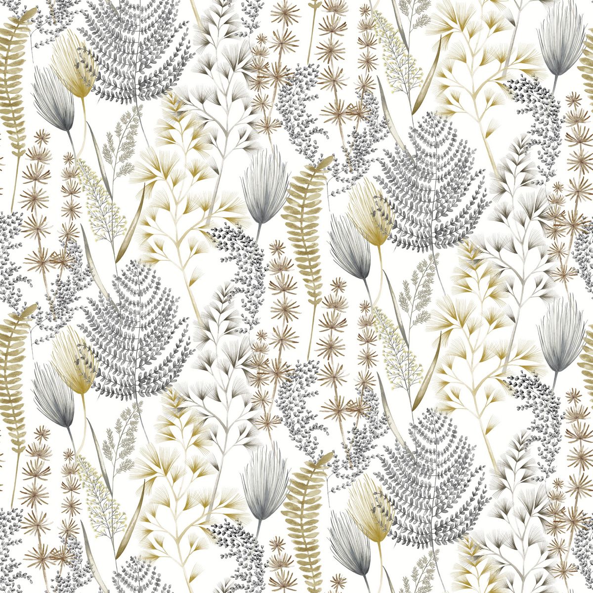 Summer Ferns Grey Mustard Fabric by Ohpopsi