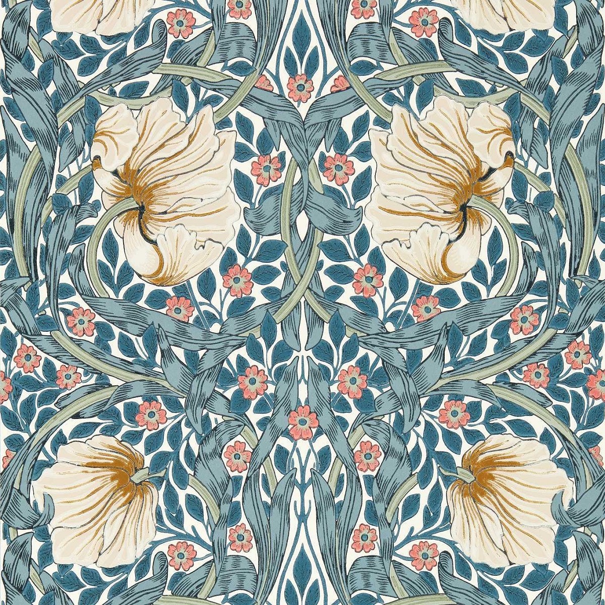 Pimpernel Woad/Coral Fabric by William Morris & Co.